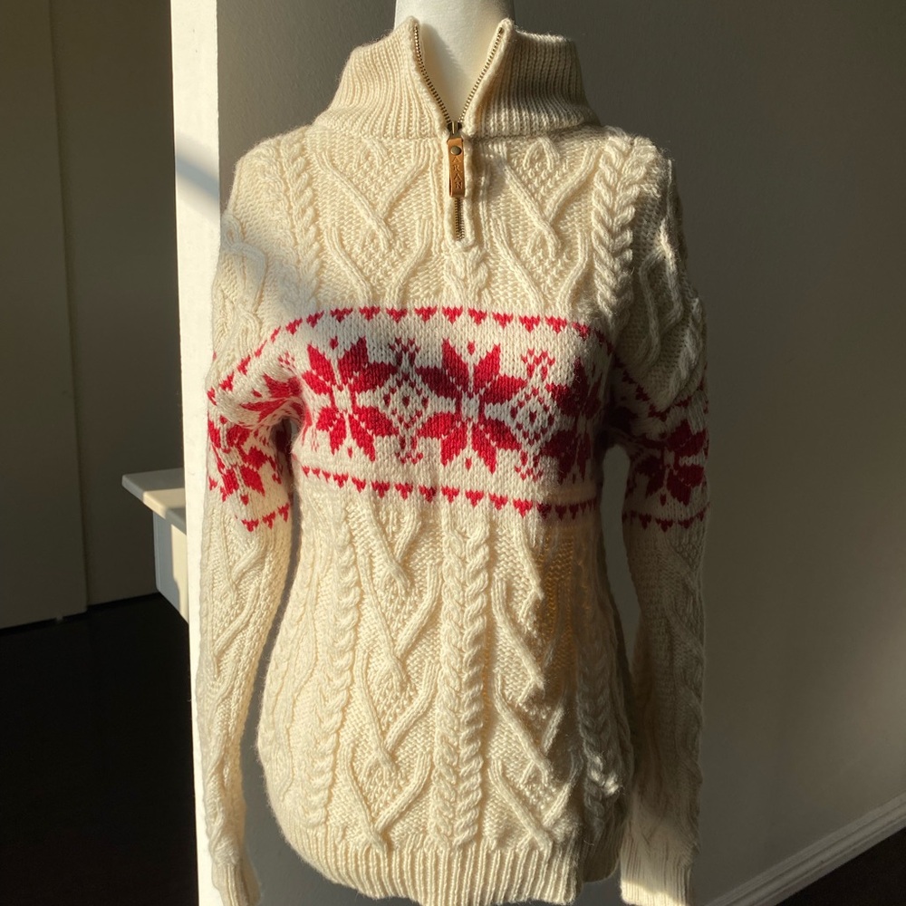 Cream and Red Cowl Neck Sweater with Nordic Pattern